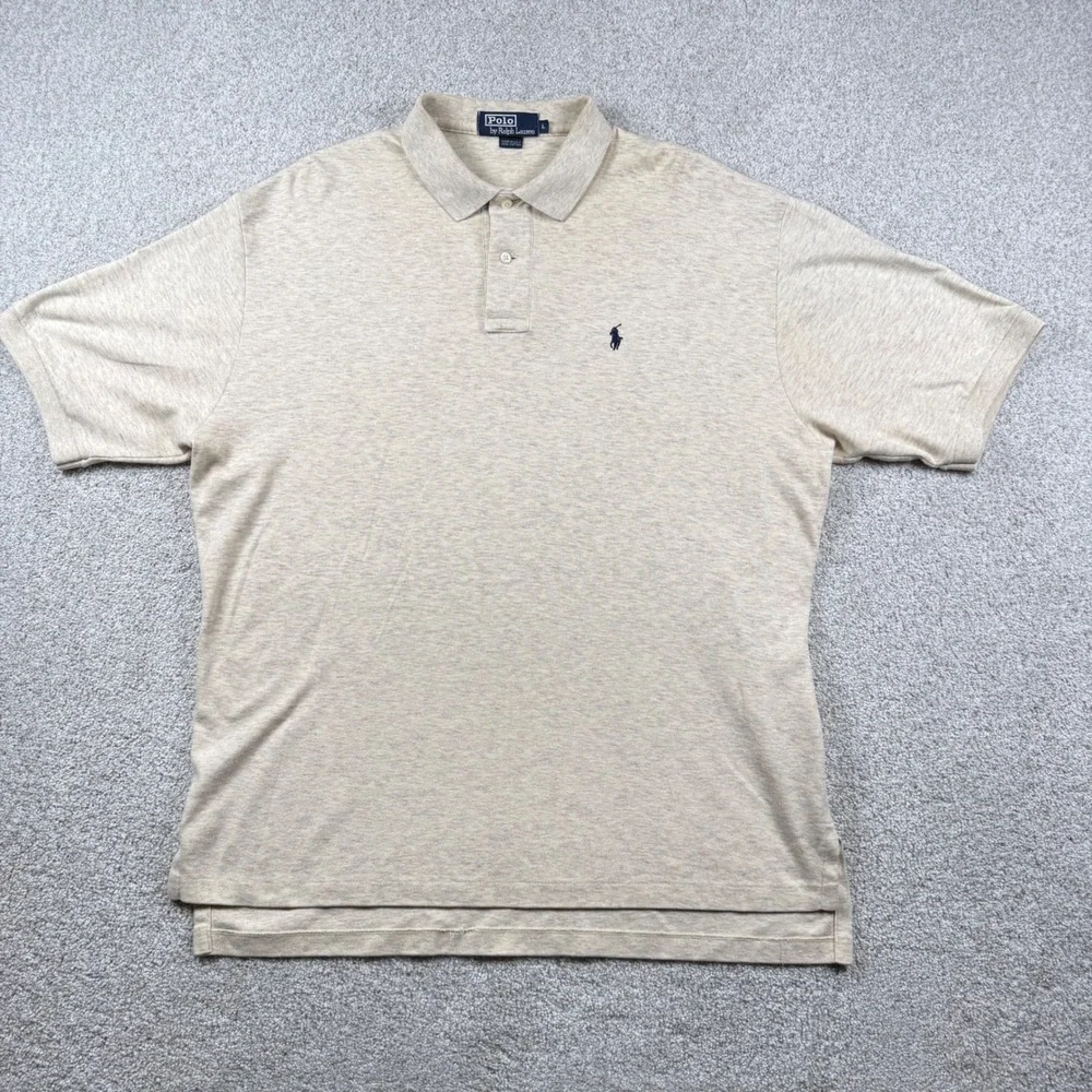 Polo‎ Ralph Lauren Polo Shirt Mens L Tan Beige Heathered Cotton Short Sleeve